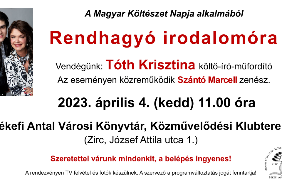 Költészet Napja - Rendhagyó irodalomóra Tóth Krisztinával