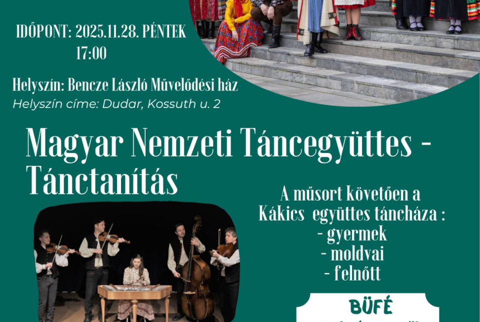 Tánctanulás a Magyar Nemzeti Táncegyüttes táncosaival és táncház a Kákics Zenekarral